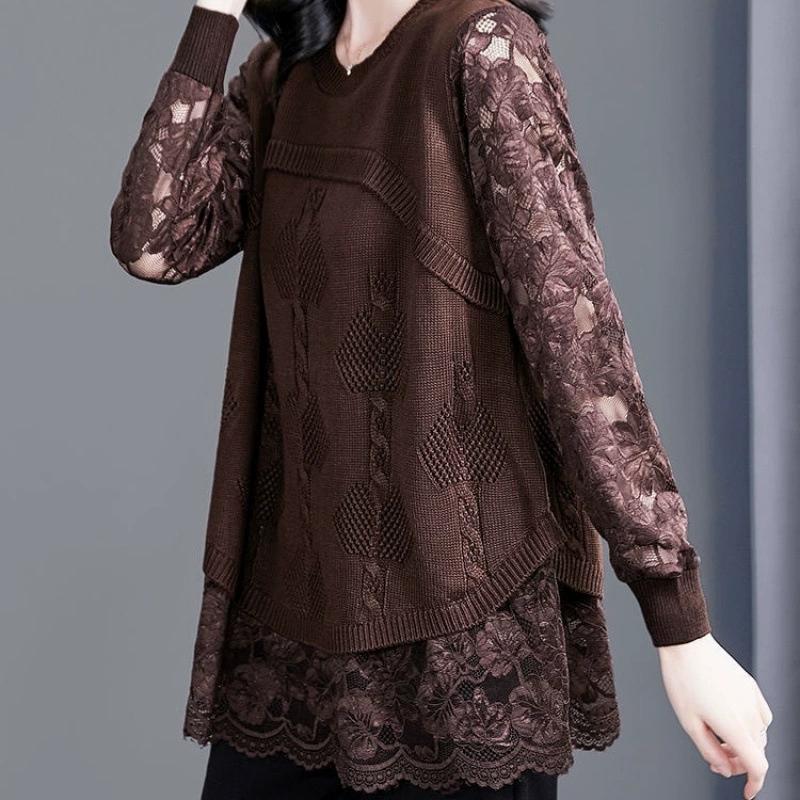 Spring Autumn Solid Jacquard Weave Long Sleeve Sweaters Women Knitting Pullovers Lace Patchwork Casual Tops Jumpers