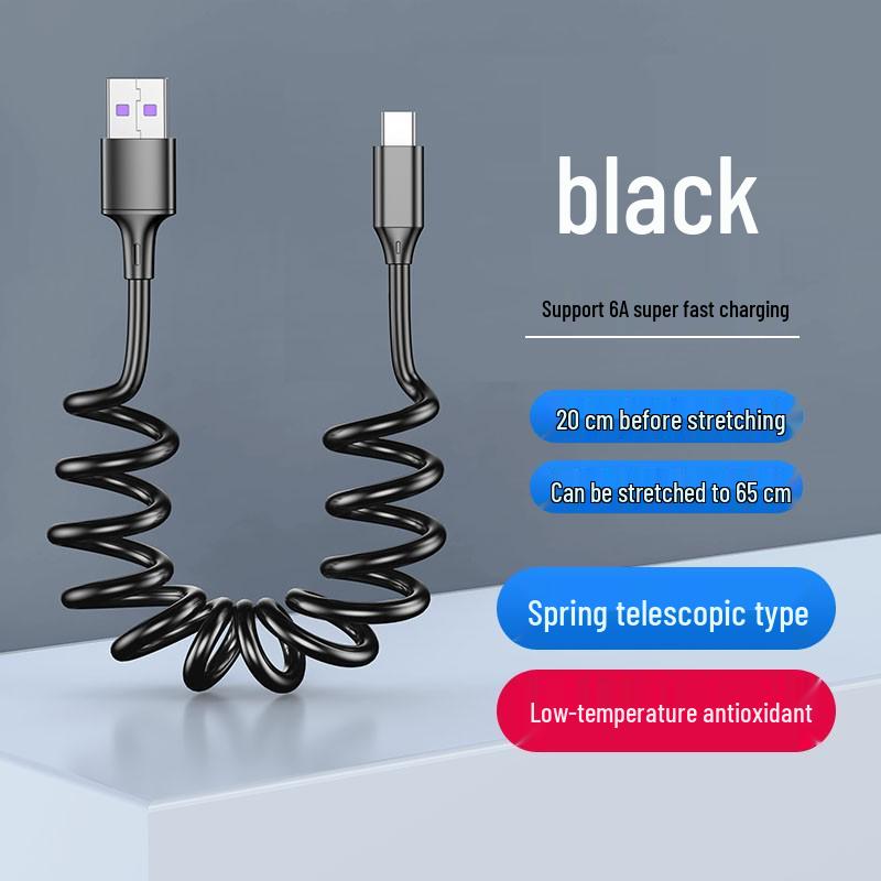 Câble USB Rétractable à Ressort Double Coude 6A Charge Rapide pour Téléphones & Voitures