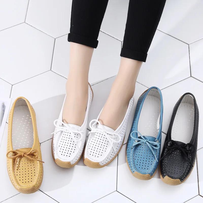 2025 New Women Shoes Moccasins Women Flats Loafers Genuine Leather Female Shoes Slip On Ballet Bowtie Ladies Women's Shoes