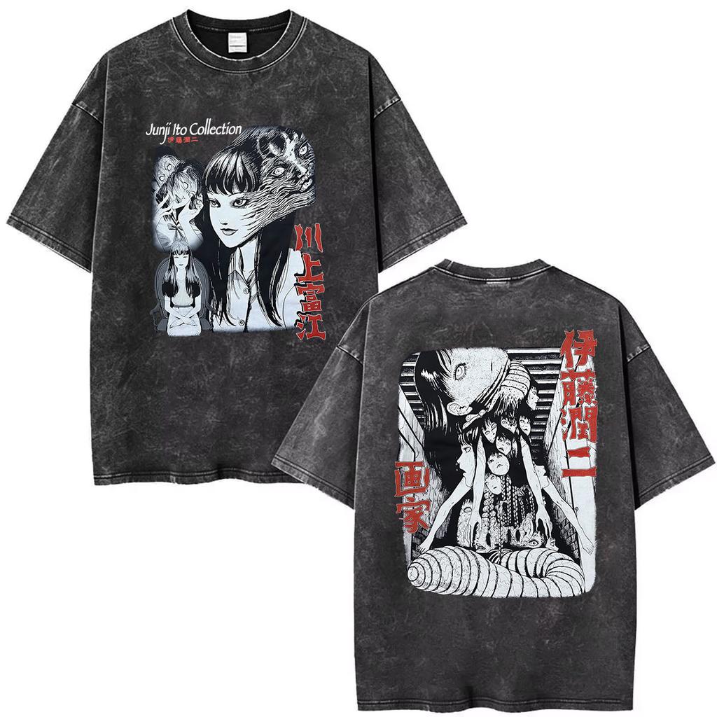 Horror Anime Tomie Junji Ito Vintage Washed Graphic T Shirts Men Women Aesthetic Fashion Cotton Short Sleeve T-shirt Streetwear