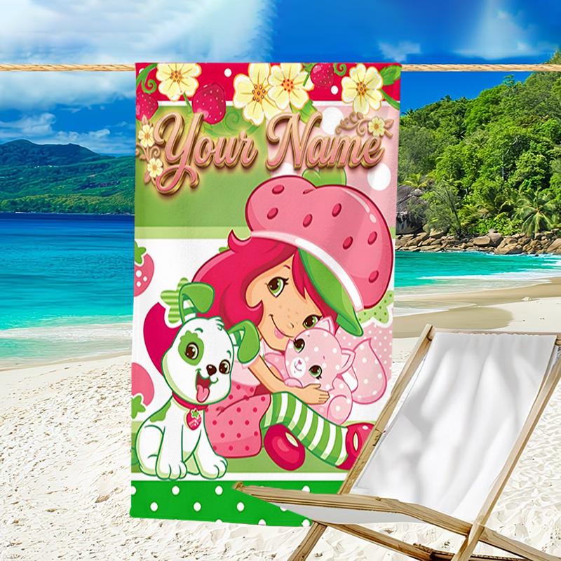 1pc Princess Strawberry Beach Towel with Custom Name, Beach and Seaside Swimming Pool Equipment, Fashion Pattern, Rectangular, Travel Essential