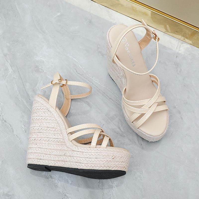 Sandali Con Zeppa In Corda Di Canapa Donna - Tacco 17 Cm, Punta Aperta, Cinturino Caviglia - Personalizzabili - Per Matrimonio E Ufficio