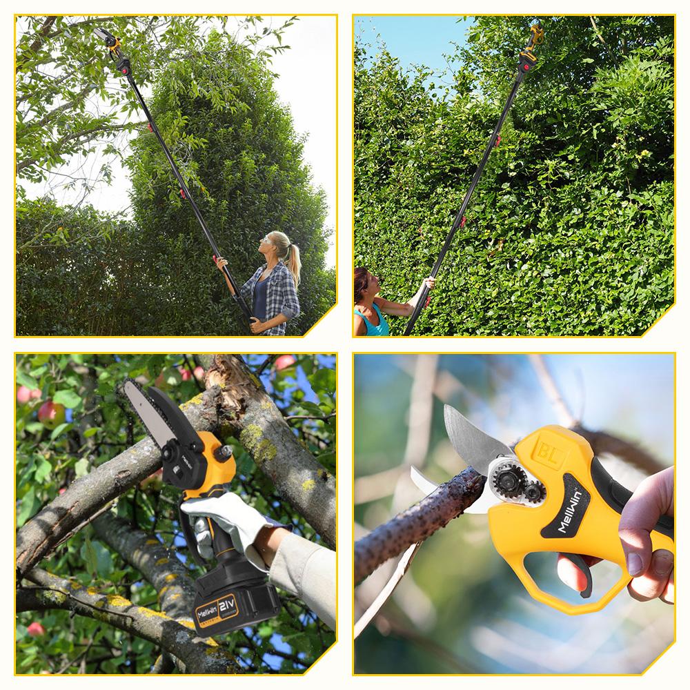 MELLWIN Perche télescopique 200cm Électrique sans balais Tronçonneuse 6 pouces Cisailles pour hautes branches Outil de jardinage pour batterie 18V 21V