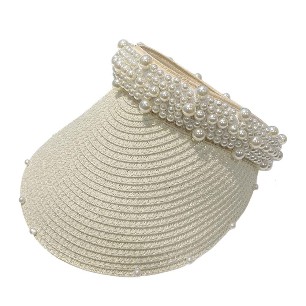 Wide Brim Sun Hat Pearl Decorated Straw Hat Imitation Pearl Beach Hat  UV Protection