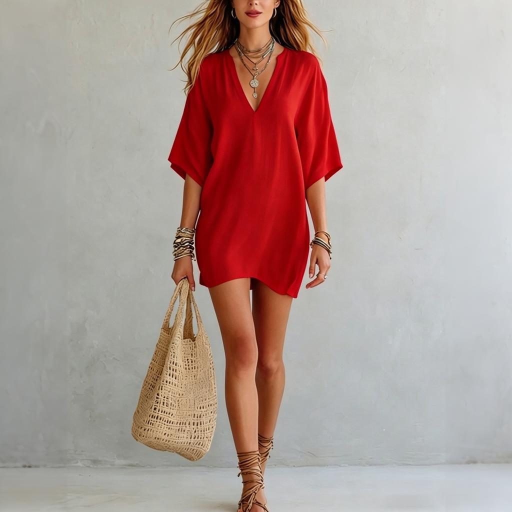 Women V Neck Loose Fit Short Sleeve T Shirt Dress Summer Casual Beachwear Vacation Tunic Lightweight Relaxed Style Dress