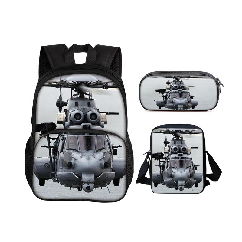 Helicopter Round Front Bag Backpack Pencil Case Shoulder Bag 3Pcs Set Mechanical Printing Best Gift for Boys and Girls In School
