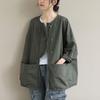 Damen Langarm Kurze Jacke mit Patchwork-Taschen Locker Figurbetont Einfarbig Oberbekleidung Top für Herbst