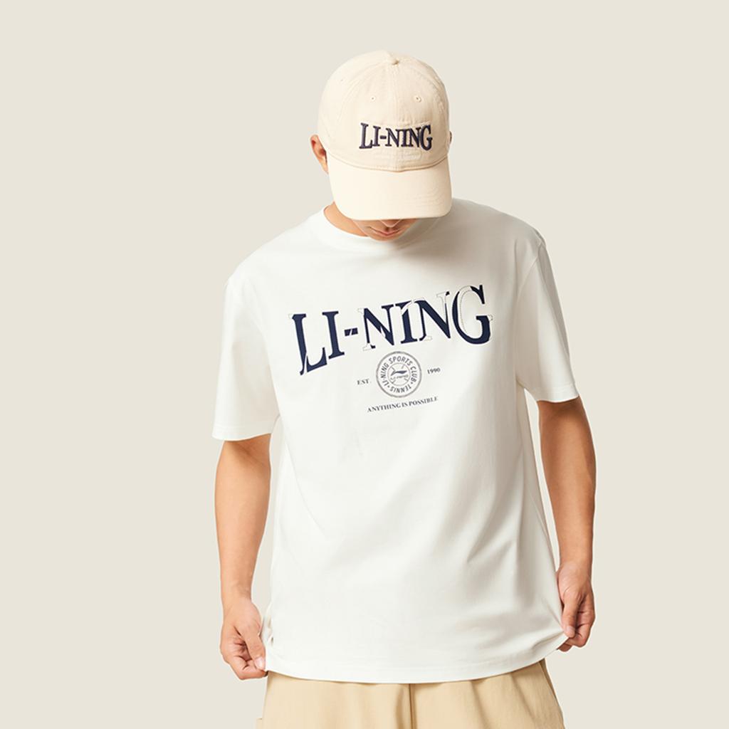 Li Ning Sports Trend Series Letter Round Neck Breathable Versatile Loose Short Sleeve T-Shirt Men Tops Off-White AHSV483-1