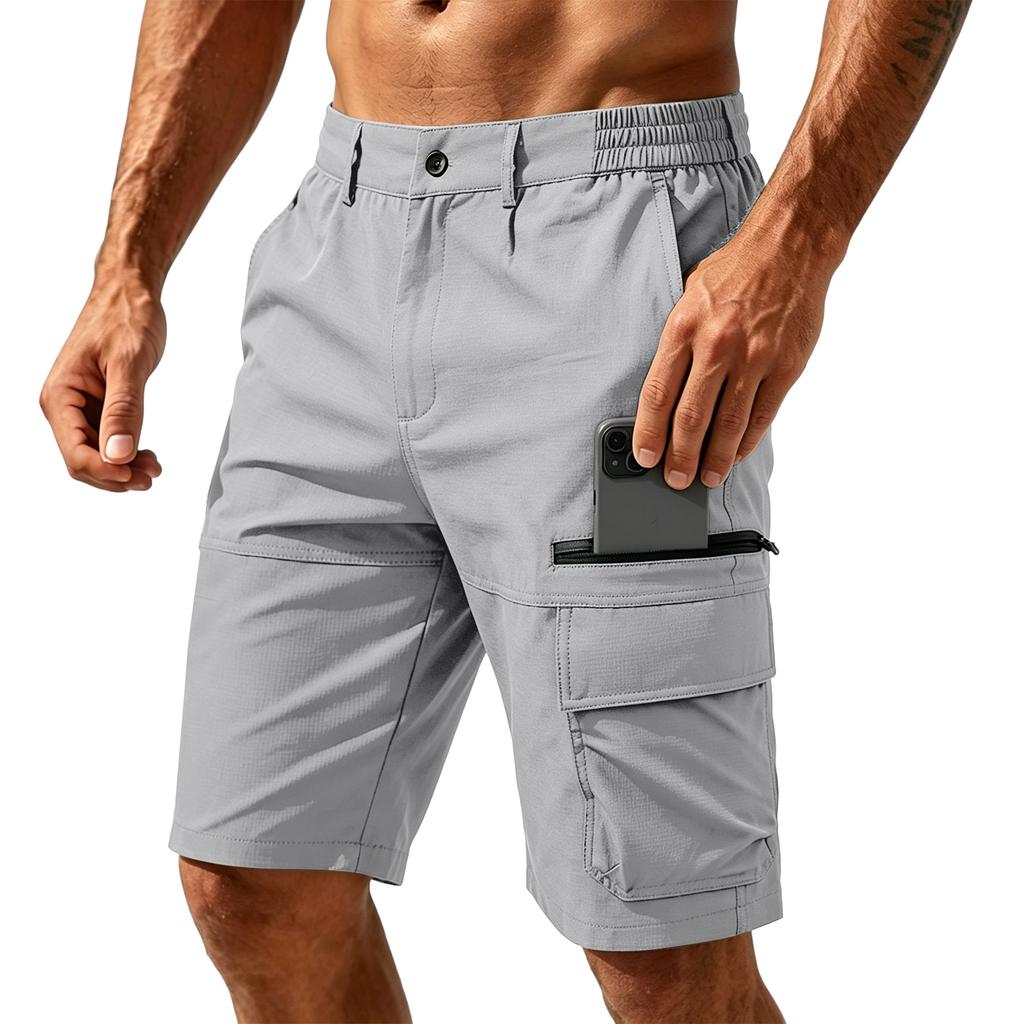 Men's Summer Casual Multi Pocket Cargo Shorts Outdoor Knee Length Work Shorts with Elastic Waistband and Zipper Pockets for Daily Use