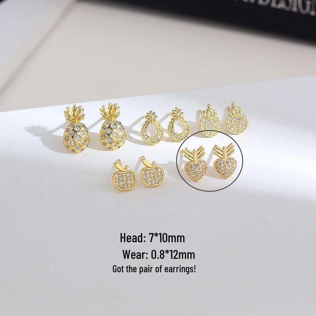 High-Grade Copper & Gold Plated Earrings: Diamond-Studded Apple, Pineapple, Crown, Pear Designs for Women