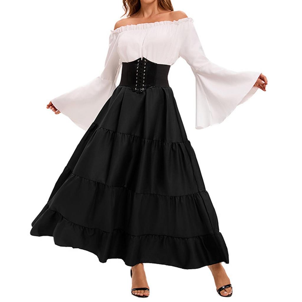 Women's Fashion Retro Maxi Dress Trumpet Sleeve Waist Dress