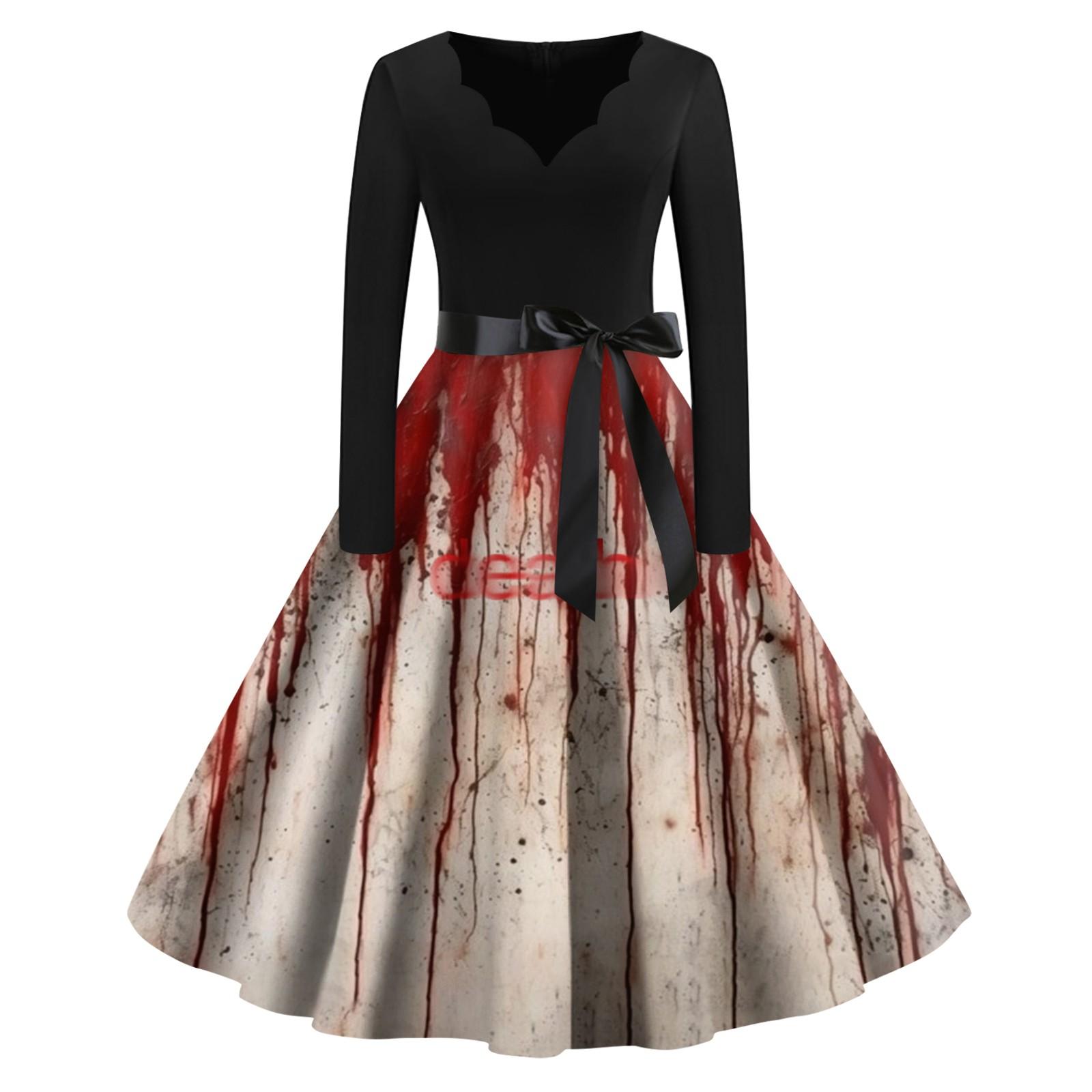 

Жіноча вінтажна класична сукня з вирізом і талією, краваткою-метелем, довгими рукавами, Хеллоуїн, принт з V-подібним вирізом L Кіновар