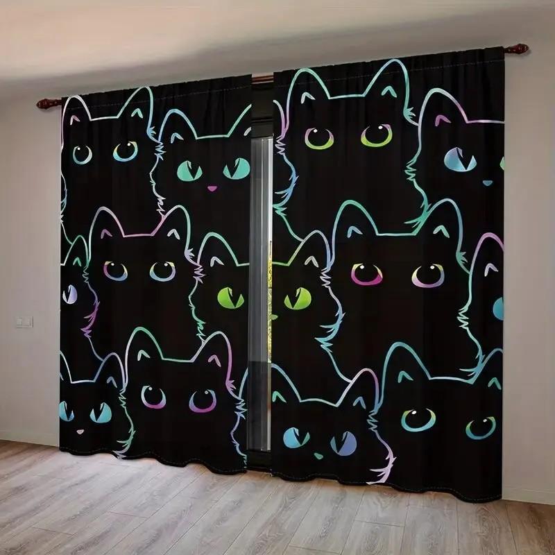 2pcs Colorful Cats Print Curtain  Blackout Drapes for Bedroom  Polyester  Rod Pocket Window Treatment  Home Decor