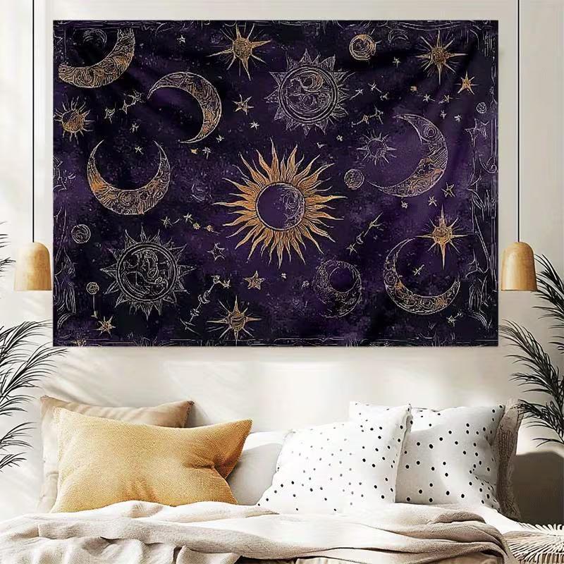 2D Purple Sun Moon Tapestry Vintage Celestial Wall Hanging Decor