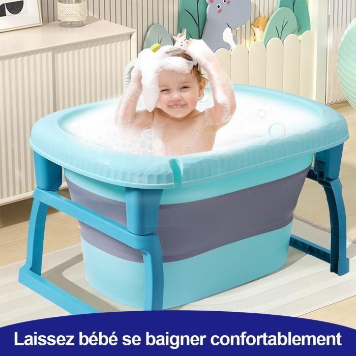 Grande baignoire pliable ultra compact kikido, baignoire enfant en plastique avec bouchon de vidange, pieds pliable-bleu