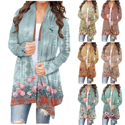 Dame Mode Afslappet Blomstret Print Mellemlang Cardigan Jakke Frakke
