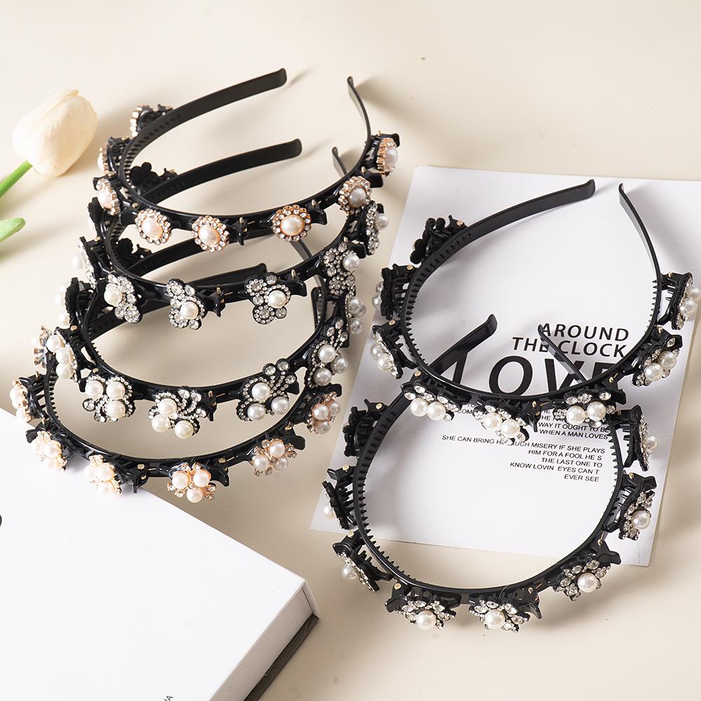 Pearl Flowers Hairpin Hairbands For Women Non-Slip Headband Rhinestones Hair Bands Clips Hairstyle Double Bangs Hair Accessories Quality