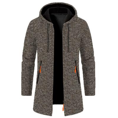 Men's Autumn Winter Hooded Mid-Length Coat Thin Fleece Lined Outerwear Large Size Knitted Jacket with Pockets