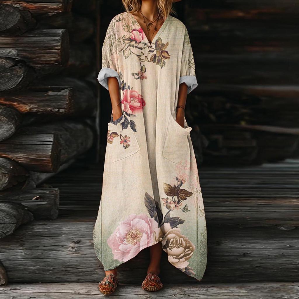 Abito da Donna Casual Svasato Scollo a V Vacanza Boho Spiaggia Vestito Estivo