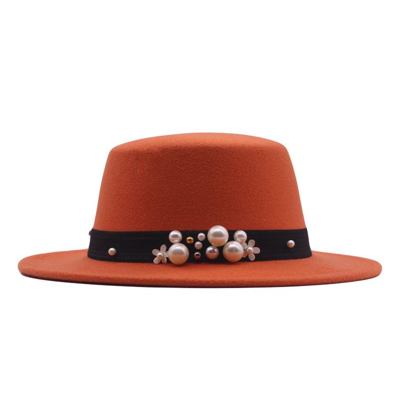 New Flat Top Flat Brim Top Hat Men's and Women's Retro Pearl Fashion British Woolen Hat