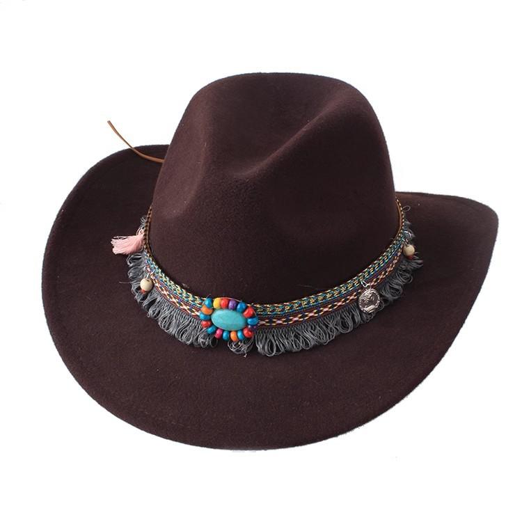Summer Felt Cowboy Hat Men Women Couple Ethnic Rolled Brim Bohemian Fedora Sun Cap for Outdoor Beach