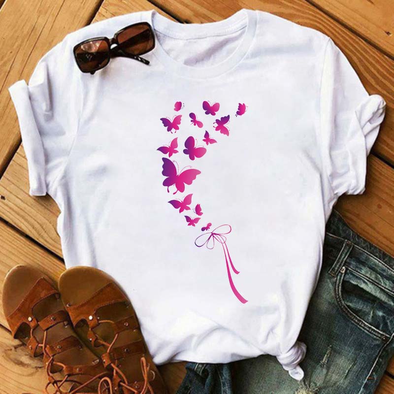 Women Flower Butterfly Fashion Print T Shirt Casual Short Sleeve Ladies T Tee Female Top Shirt Clothes Womens Graphic T-shirt