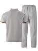 Men's Plaid Color-Block Casual Suit with Short Sleeve V-neck T-shirt and Long Pants