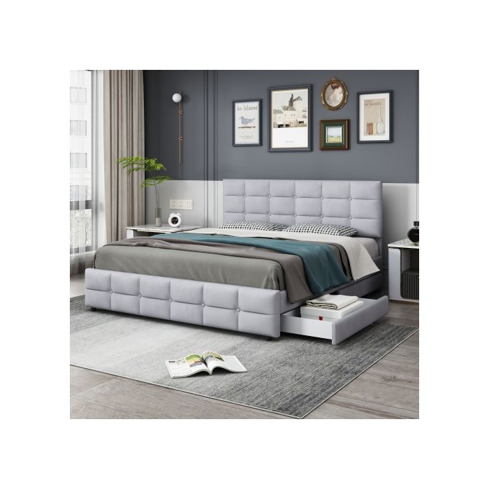 Lit double - MUVOE - 180 x 200 cm - Rembourré - 4 tiroirs - Gris