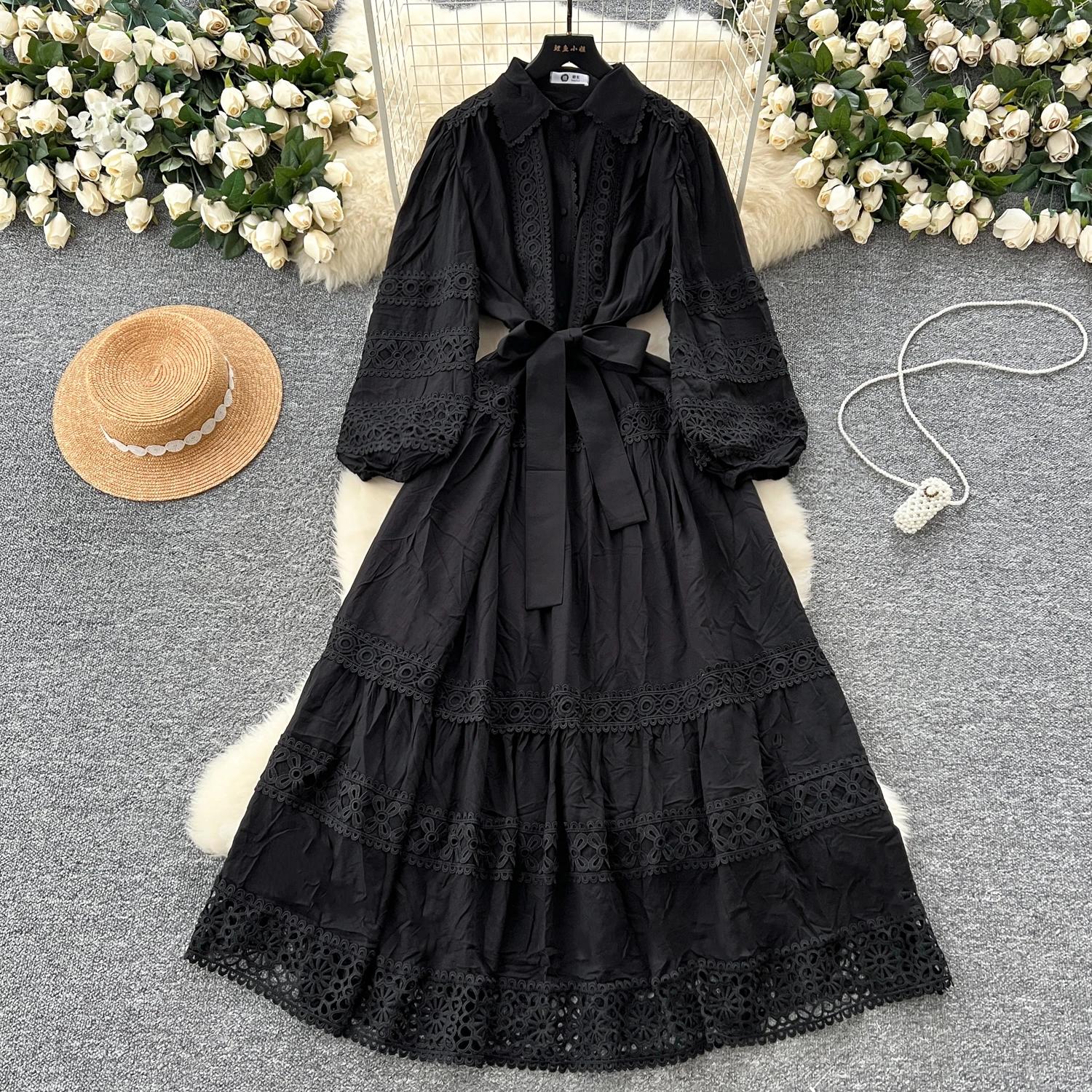 

Винтажный элегантный пуловер с длинными рукавами-фонариками, шикарные платья с кружевной вставкой и бандажной отделкой, французская вечерняя уличная осенняя одежда One Size чёрный