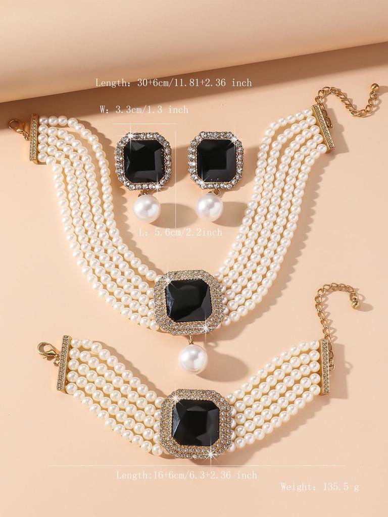 European Luxury Multi-Layer Faux Pearl & Crystal Jewelry Set – Necklace, Earrings, Bracelet - Colorful, Fashionable, and Exquisite Accessories