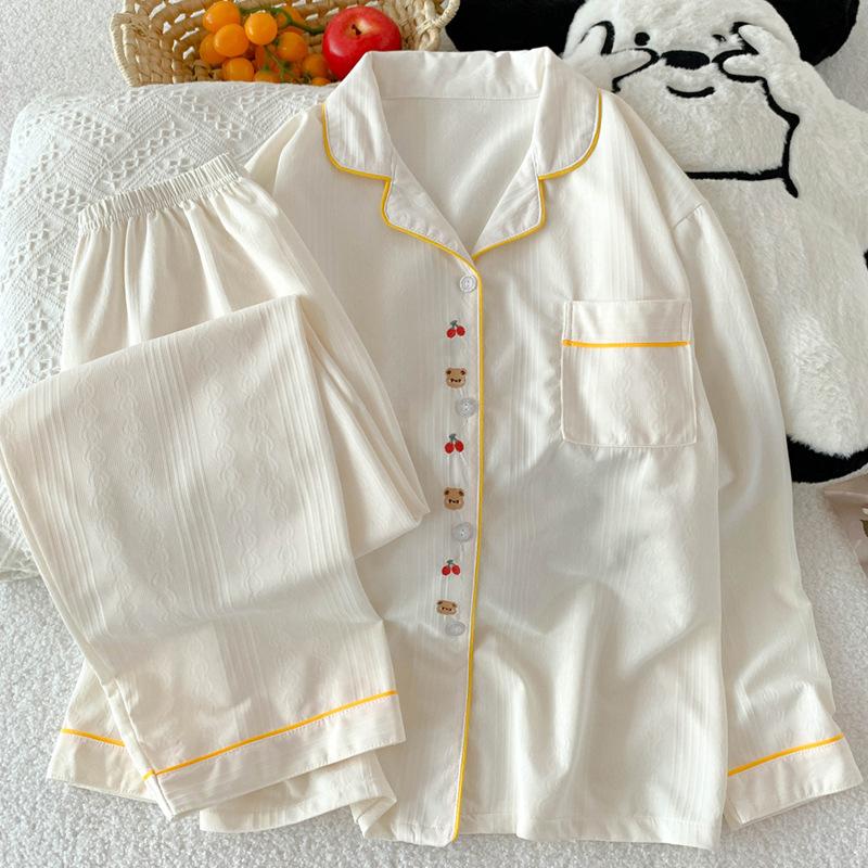 Embroidery Cartoon Solid Color Jacquard Imitation Cotton Pajamas Women'S Spring And Autumn Long-Sleeved Milk Huhu Loungewear Real Shot