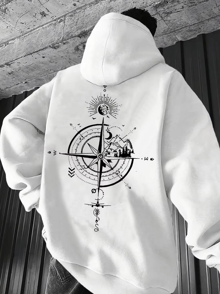 Vintage Compass Printed Hoodie Men's Autumn and Winter Casual Fashion Long-sleeved Sweatshirt Daily Street Clothing