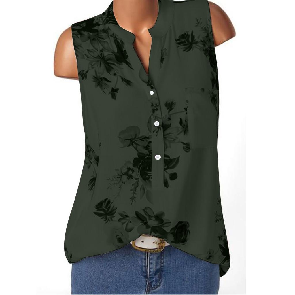 Damska Moda Casual Bluzki z Dekoltem V Drukowane Koszulki Bez Rękawów Pulower T-shirty