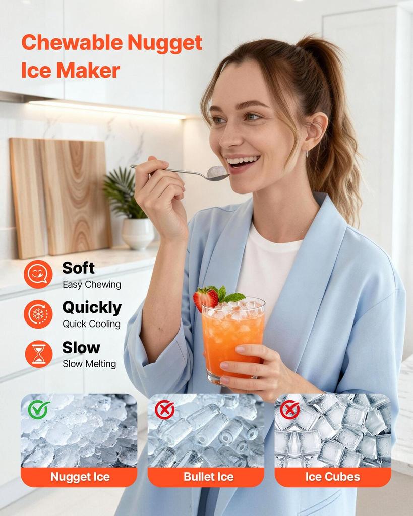 Countertop Ice Maker, 15 Kg Per Day, Self-Cleaning Portable Machine with Scoop, Drawer-Style Ice Access, Nugget Ice-Making Machine with Chewable Ices