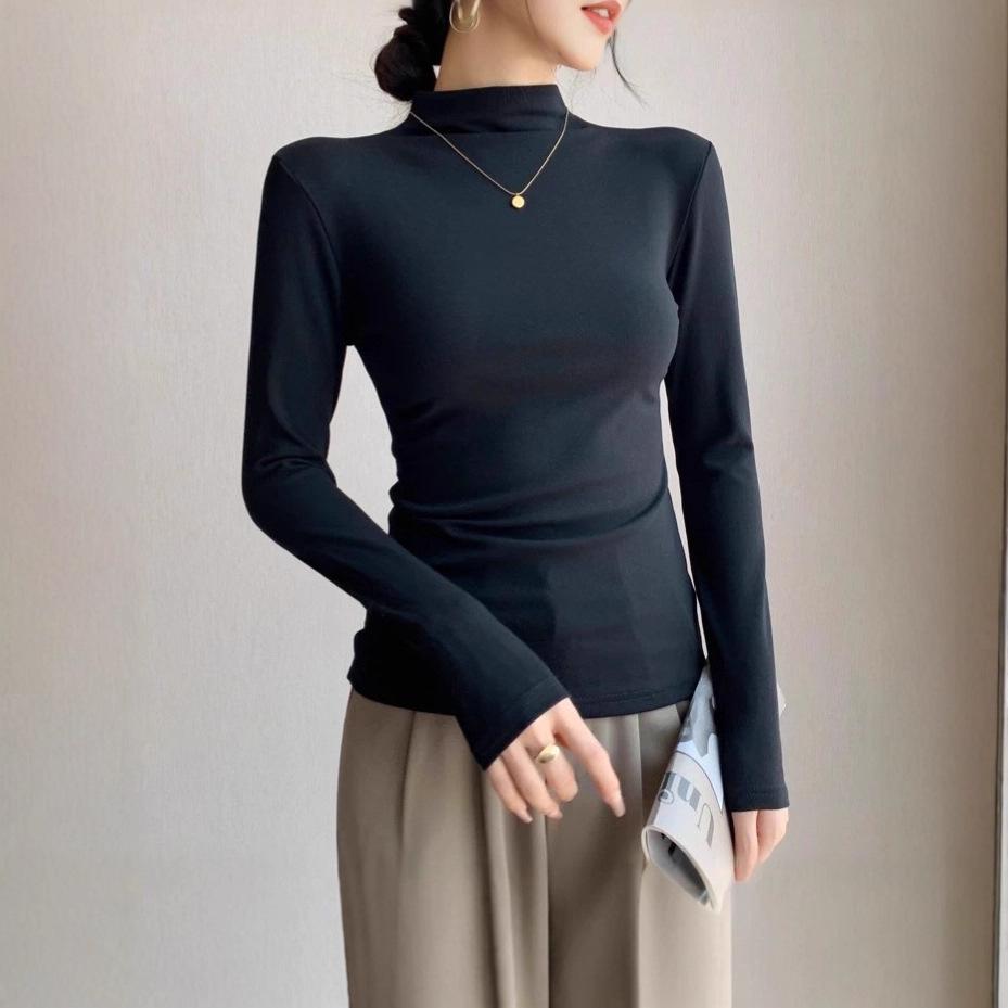 Women's Slim Fit Velvet Long-Sleeve Turtleneck Top for Autumn & Winter
