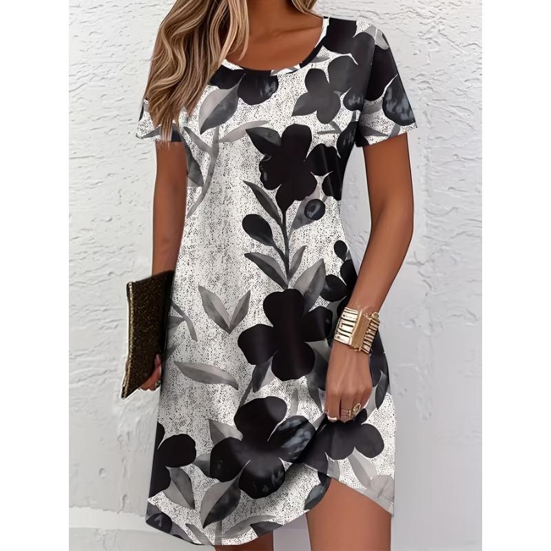 Women s Spring and Summer Round Neck Flower Pattern Fashion Casual and Versatile Dress S