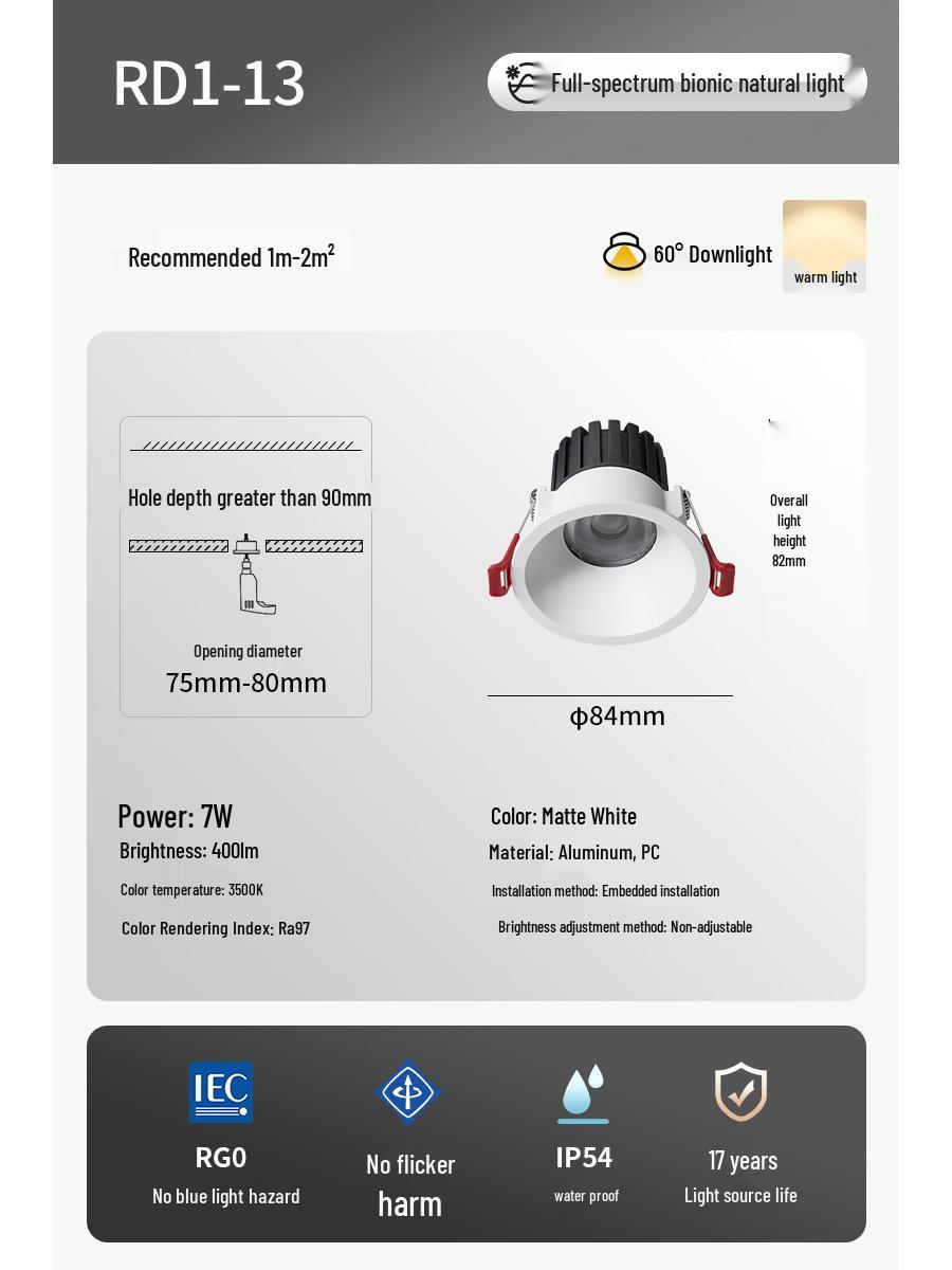 

Bermann Hermit Full Spectrum Anti-Glare Recessed Downlight, Waterproof for Living Room.