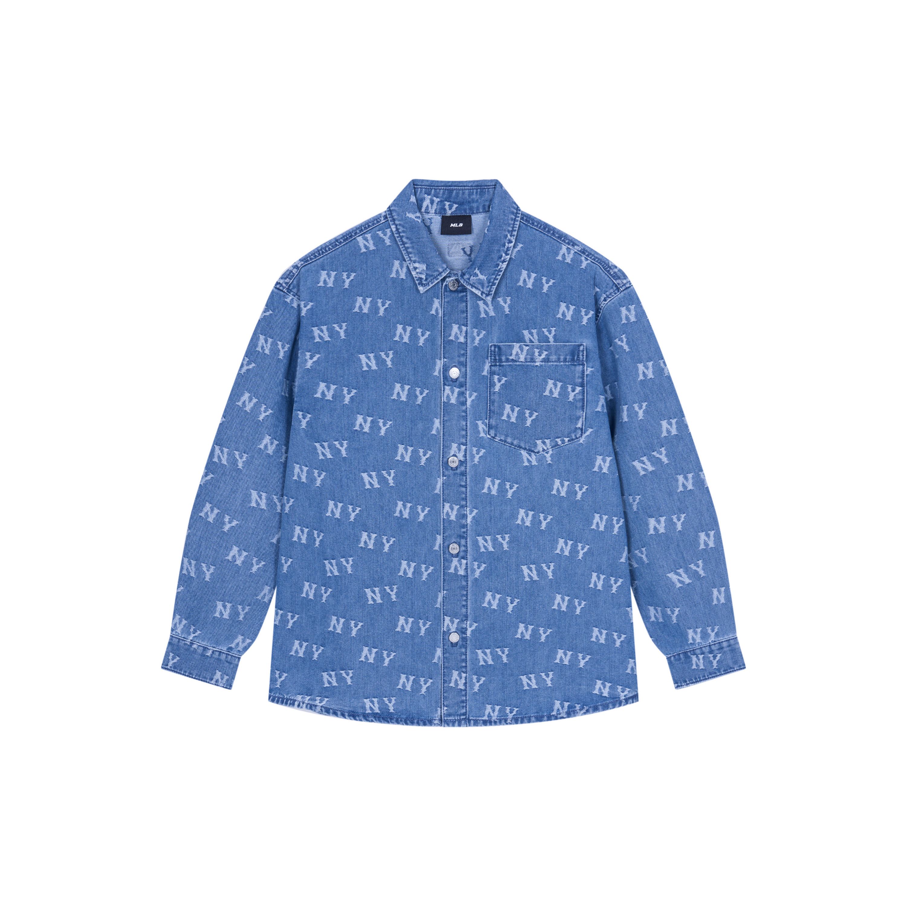 MLB New York Yankees SS24 Allover Print Losse Casual Denim Baseball Lange Mouwen Shirt Unisex shirts Lichtblauw 3ADRM0141-50BLL XL blue