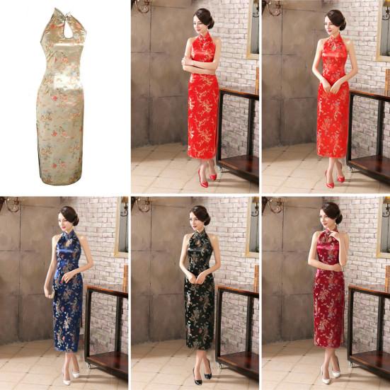 Ženy Léto Cheongsam Stojánek s límečkem Potisk na rameni Dělený lem bez zad s vyhloubeným lemem Bez rukávů Qipao Slim Fit Retro společenské šaty v čínském stylu