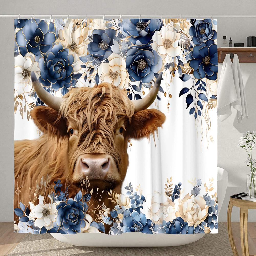 Highland Cow Shower Curtain Farmhouse Funny Bull Rustic Western Watercolor Spring Florral Cute Animal Plant Kids Bathroom Decor