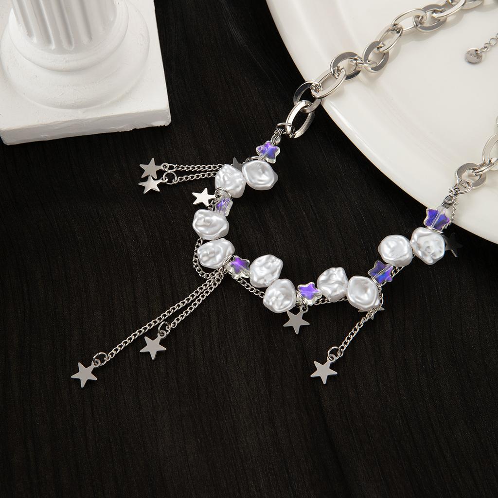 Elegant Fashion Pearl Star Fringed Necklace Light Luxury Niche Design Temperament Sweet Cool High Sense Collarbone Chain Woman