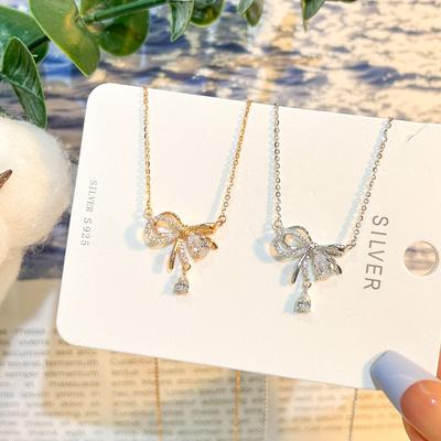 S925 Sterling Silver Necklace Girl Bows ,Vermiculite Pendant Clavicle Chain