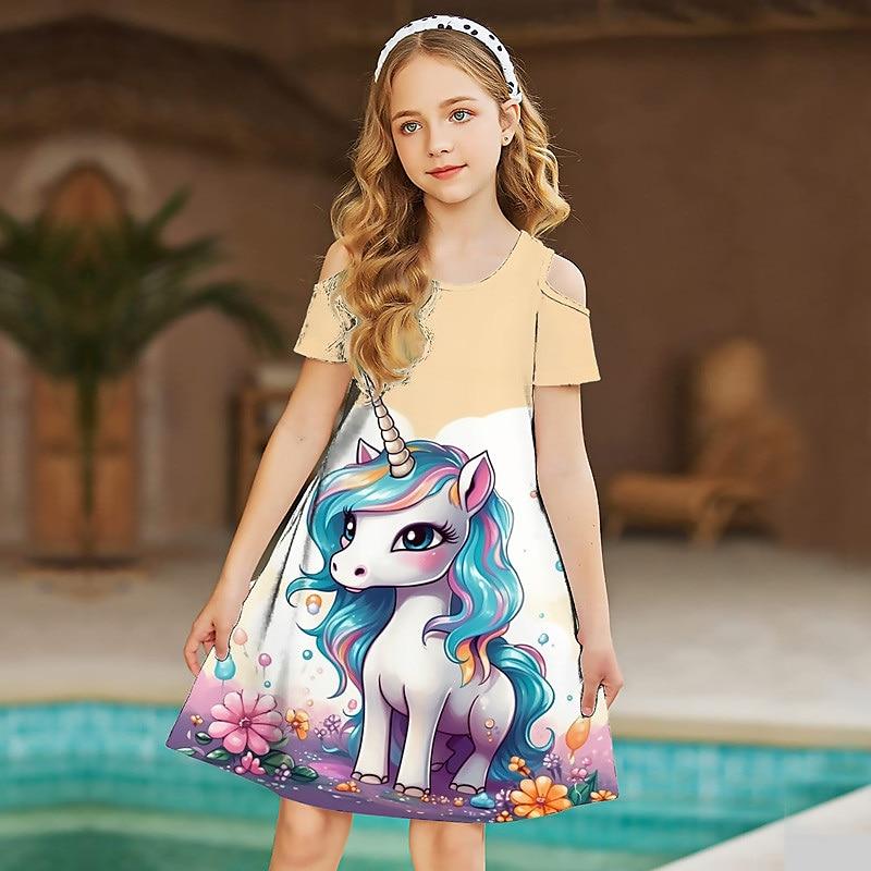 Girls Floral A Horned Horse Print Dresses Kids Girl Party Off Shoulder Dress Princess Dress Short Sleeved Dress Over Four Years Old