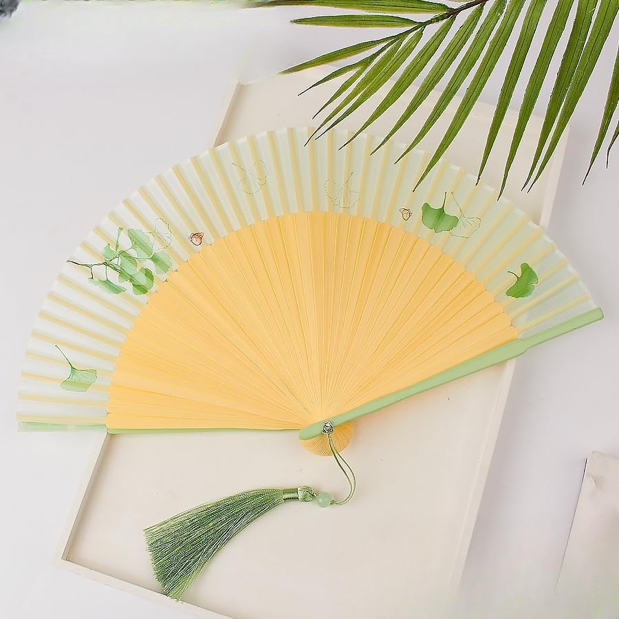 Sarkovos Light Green Folding Fan Bamboo Fan Unisex Stylish Bamboo Fan Natural Bamboo Elegant Comes with Fan Case Perfect for and Gifts Green Leaves -
