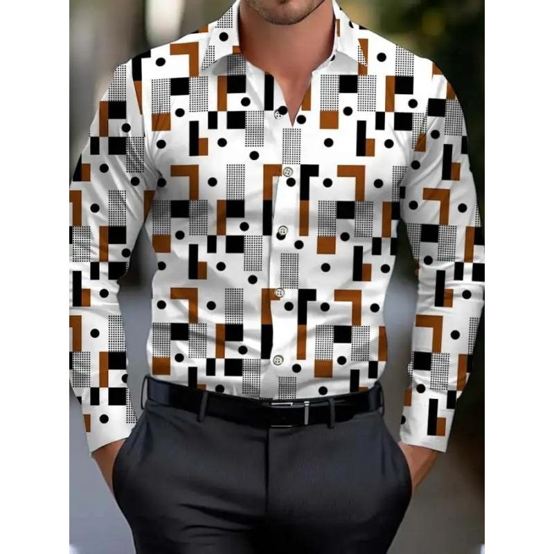 Colorful Geometry Pattern Hawaiian Shirts For Men Color Block 3D Printed Aloha Shirts Casual Loose Long Sleeve Lapel Tops Blouse