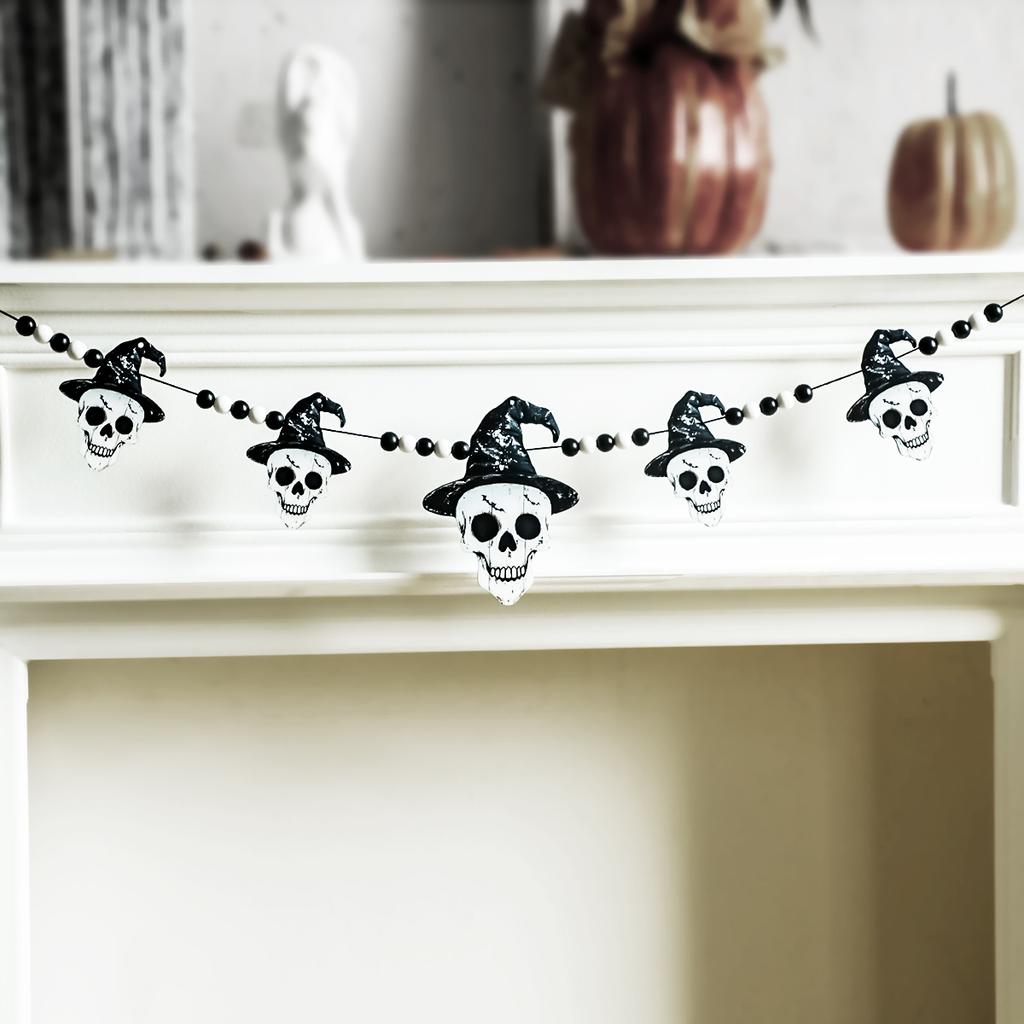 Halloween Skull Garland with Witch Hat - Black & White Beaded Hanging Ornament Living Room Wall Decoration for Fireplace & Party
