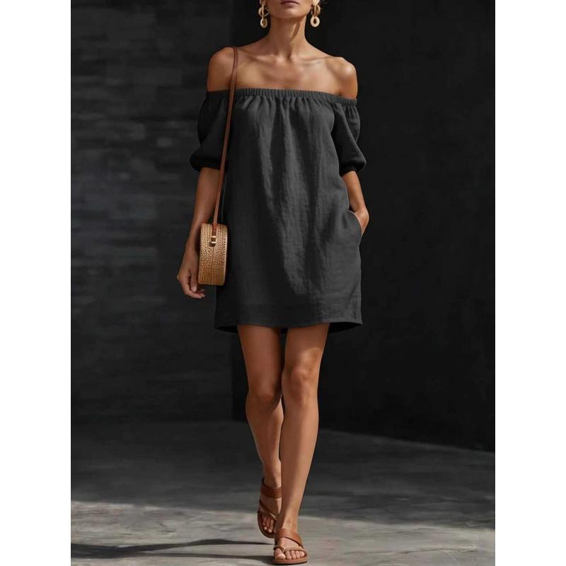 Summer new cotton and linen women s clothing one-word shoulder fashion temperament loose solid color off-the-shoulder dress S