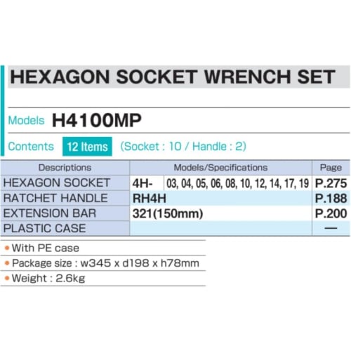 Tone Hexagon Socket Wrench Set H4100MP, 12.7mm (1/2") Drive, Red, 12-Piece Set