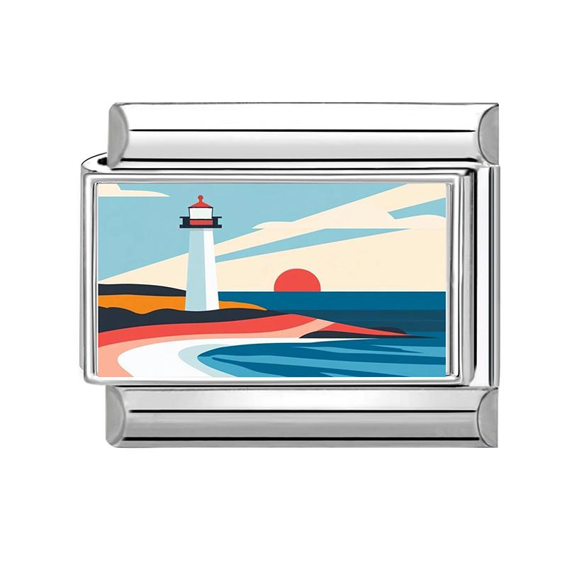 New Green Scenery Series Sunset Sea Lighthouse Italian Charm Links Fit 9MM Stainless Steel Bracelet Women Men DIY Making Jewelry