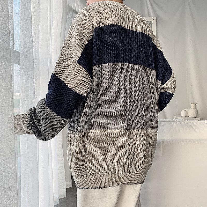 Japanischer Stil Gestreifter Pullover Männlich O-Ausschnitt Pullover Pullover für Männer Locker Lässiger Pullover Übergröße Gestricktes Partner-Outfit Korea